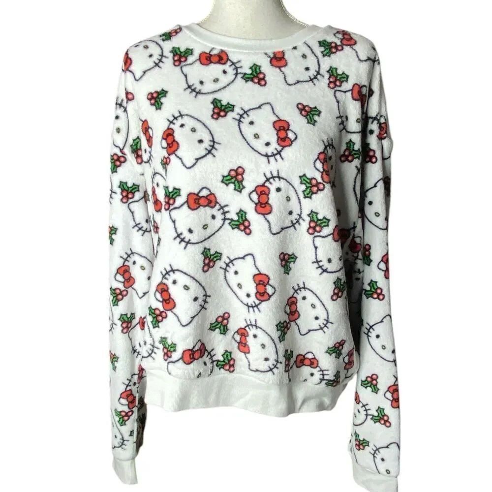 Sanario Hello Kitty Allover Cats White Red Bow Print Crewneck Sweatshirt Size XL